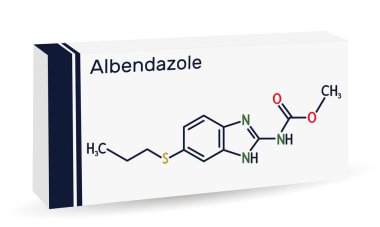 Albendazol molekülü. Geniş spektrumlu, sentetik benzimidazol türevli antelmintiktir ve parazit solucan istilasının tedavisinde kullanılır. Uyuşturucu için kağıt ambalaj. Vektör illüstrasyonu