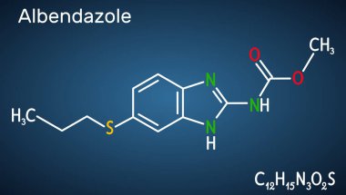 Albendazol molekülü. Geniş spektrumlu, sentetik benzimidazol türevli antelmintiktir ve parazit solucan istilasının tedavisinde kullanılır. Koyu mavi arka plan. Vektör illüstrasyonu