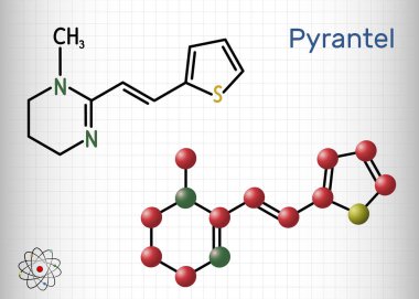 Pyrantel molekülü. Bağırsak kurtçuğu ve yuvarlak kurtçuklar gibi bağırsak nematodlarının tedavisi için kullanılan pirimidin türevli antinematodal ilaçtır. Kafesteki bir kağıt parçası. Vektör illüstrasyonu