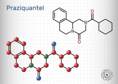 Praziquantel, PZQ, molekül. Kistiseroz, şistosom, sestod ve trematode salgını için antilmintik bir ilaçtır. İskelet kimyasal formülü. Vektör illüstrasyonu