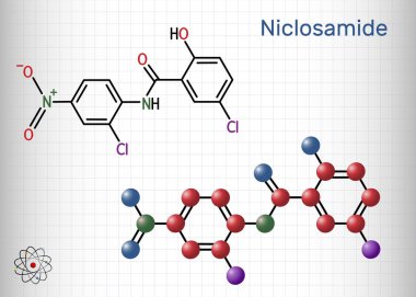 Niclosamide molekülü. Tenya enfeksiyonlarını tedavi etmek için kullanılan klorlu, antihelminik bir ilaç. Yapısal kimyasal formül ve molekül modeli. Kafesteki bir kağıt parçası. Vektör illüstrasyonu