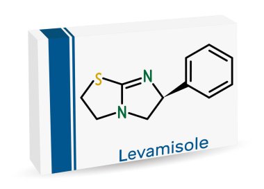 Levamisole molekülü. Parazitik, viral ve bakteriyel enfeksiyonların tedavisi için kullanılan anti-helminik bir ilaç. İskelet kimyasal formülü. Uyuşturucu için kağıt ambalaj. Vektör illüstrasyonu