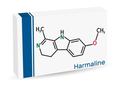 Harmaline molekülü. Bu floresan indole alkaloid. İskelet kimyasal formülü. Uyuşturucu için kağıt ambalaj. Vektör illüstrasyonu