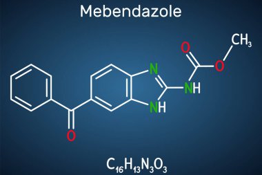 Mebendazol, MBZ molekülü. Sentetik benzimidazol türevi ve antelmintik ilaç. Koyu mavi arkaplanda yapısal kimyasal formül. Vektör illüstrasyonu