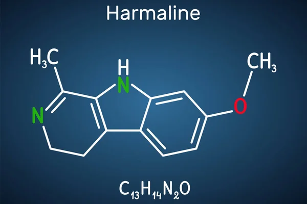 Harmalin Molekula Fluoreszkáló Indol Alkaloid Szerkezeti Kémiai Képlet Sötétkék Háttér — Stock Vector