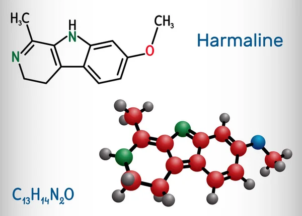 Molécula Harmaline Alcaloide Indol Fluorescente Fórmula Química Estructural Modelo Molecular — Vector de stock