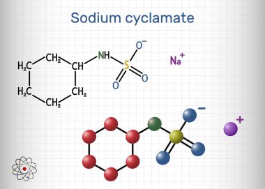 Sodyum siklomat molekülü. Cyclamate bir yapay tatlandırıcı, gıda katkı maddesi E952. Yapısal kimyasal formül ve molekül modeli. Kafesteki bir kağıt parçası. Vektör illüstrasyonu