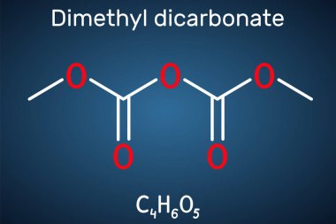 Dimetil dikarbonat, DMDC, velcorin, dimetil pirokarbonat molekülü. Meyve suyu koruyucusu, steril, gıda katkı maddesi E242. Koyu mavi arkaplanda yapısal kimyasal formül. Vektör illüstrasyonu