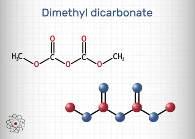 Dimetil dikarbonat, DMDC, velcorin, dimetil pirokarbonat molekülü. Meyve suyu koruyucusu, steril, gıda katkı maddesi E242. Koyu mavi arkaplanda yapısal kimyasal formül. Vektör illüstrasyonu