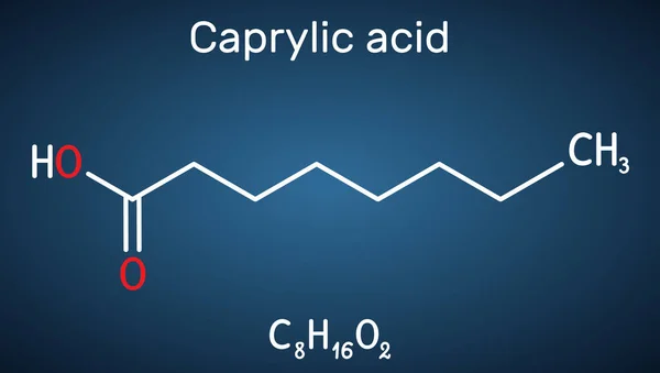 カプチン酸 オクタノイン酸分子 ストレートチェーン飽和脂肪酸とカルボキシル酸です オクタナイトまたはカプリレートです 濃い青の背景にある構造化学式 — ストックベクタ