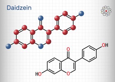 Daidzein molekülü. Bu fizyoöstrojen, bitki metaboliti, soyadan antioksidan ve fizyoöstrojenik özelliklerden izoflavon özütü. Kafesteki bir kağıt parçası. Vektör illüstrasyonu