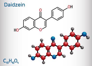 Daidzein molekülü. Bu fizyoöstrojen, bitki metaboliti, soyadan antioksidan ve fizyoöstrojenik özelliklerden izoflavon özütü. Yapısal kimyasal formül, molekül modeli. Vektör illüstrasyonu