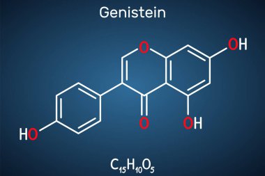 Genistein molekülü. Bu fizyoöstrojen, bitki metaboliti, soyadan antioksidan ve fizyoöstrojenik özelliklerden izoflavon özütü. Koyu mavi arkaplanda yapısal kimyasal formül. Vektör illüstrasyonu