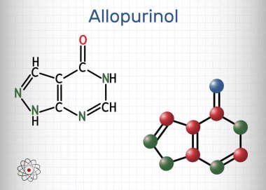 Allopurinol molekülü. Uyuşturucu, yüksek kan ürik asit seviyelerini düşürmek için kullanılan xanthine oxidase inhibitörüdür. Kafesteki bir kağıt parçası. Vektör illüstrasyonu