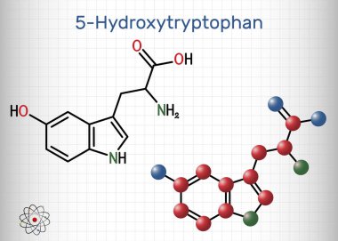 5-Hidroksitriptofan, 5-HTP, hidroksitriptofan, oksitriptan molekül. Doğal olarak oluşan amino asit, triptofan türevi. Kafesteki bir kağıt parçası. Vektör illüstrasyonu