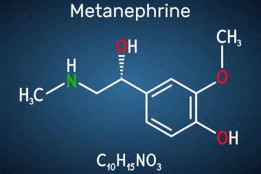 Metanefrin molekülü. Epinefrin, adrenalin ve feokromositom için biyoişaret. Koyu mavi arkaplanda yapısal kimyasal formül. Vektör illüstrasyonu