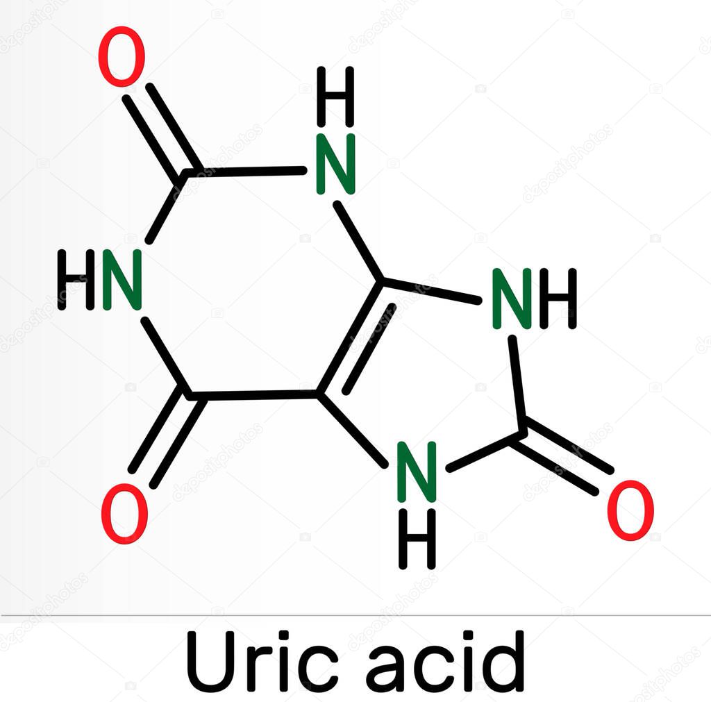 Uric acid molecule. It is heterocyclic compound, crystalline product of protein metabolism, found in the blood and urine. Skeletal chemical formula. Illustration
