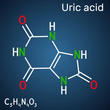 Uric acid molecule. It is heterocyclic compound, crystalline product of protein metabolism, found in the blood and urine. Structural chemical formula on the dark blue background. Vector illustration