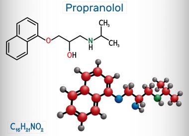 Propranolol molecule. It is synthetic, nonselective beta blocker, used to treat for hypertension. Structural chemical formula and molecule model. Vector illustration