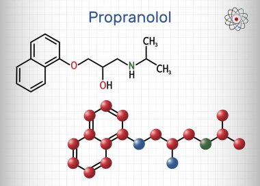Propranolol molecule. It is synthetic, nonselective beta blocker, used to treat for hypertension Sheet of paper in a cage. Vector illustration