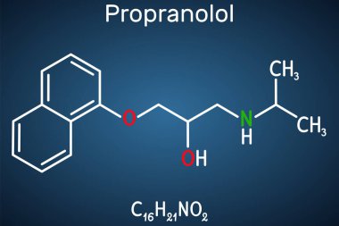 Propranolol molecule. It is synthetic, nonselective beta blocker, used to treat for hypertension. Structural chemical formula on the dark blue background. Vector illustration