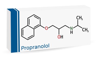 Propranolol molecule. It is synthetic, nonselective beta blocker, used to treat for hypertension. Skeletal chemical formula. Paper packaging for drugs. Vector illustration clipart