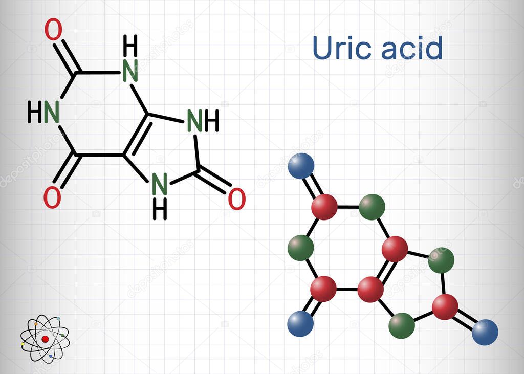Uric acid molecule. It is heterocyclic compound, crystalline product of protein metabolism, found in the blood and urine. Sheet of paper in a cage. Vector illustration