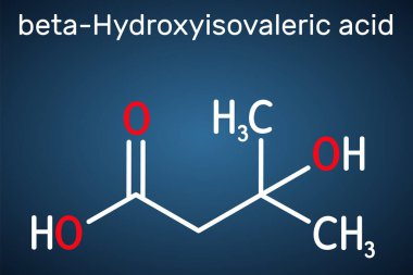 Beta-hidroksi beta-metilbürik asit, HMB, beta-hidroksiizovalerik asit molekülü. Biyotin eksikliğinin, lökosin metabolitinin bir göstergesi. Koyu mavi arkaplanda yapısal formül. Vektör illüstrasyonu