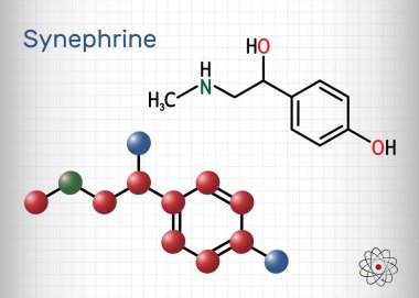Synephrine, p-synephrine molekülü. Bu fenetilamin alkaloit. Yapısal kimyasal formül ve molekül modeli. Kafesteki bir kağıt parçası. Vektör illüstrasyonu