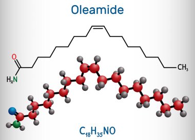 Oleamide molekülü. Bu oleik asitten türetilmiş yağlı amid. Yapısal kimyasal formül ve molekül modeli. Vektör illüstrasyonu