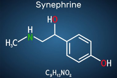 Synephrine, p-synephrine molekülü. Bu fenetilamin alkaloit. Koyu mavi arkaplanda yapısal kimyasal formül. Vektör illüstrasyonu