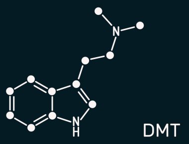 N,N-Dimethyltryptamine, dimethyltryptamine, DMT molecule. It is tryptamine alkaloid, indoleamine derivative, serotonergic hallucinogen. Skeletal chemical formula on the dark blue background. Illustration clipart