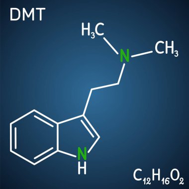 N,N-Dimethyltryptamine, dimethyltryptamine, DMT molecule. It is tryptamine alkaloid, indoleamine derivative, serotonergic hallucinogen. Structural chemical formula on the dark blue background. Vector illustration clipart