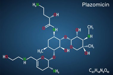 Plazomicin, molekül. İdrar yolu enfeksiyonları veya piyelonefrit için kullanılan aminoglycoside antibiyotiği. Koyu mavi arkaplanda yapısal kimyasal formül. Vektör illüstrasyonu