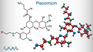 Plazomicin, molekül. İdrar yolu enfeksiyonları veya piyelonefrit için kullanılan aminoglycoside antibiyotiği. Yapısal kimyasal formül ve molekül modeli. Vektör illüstrasyonu