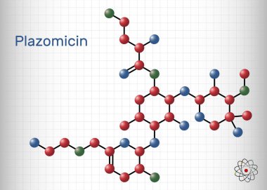 Plazomicin, molekül. İdrar yolu enfeksiyonları veya piyelonefrit için kullanılan aminoglycoside antibiyotiği. Kafesteki bir kağıt parçası. Vektör illüstrasyonu