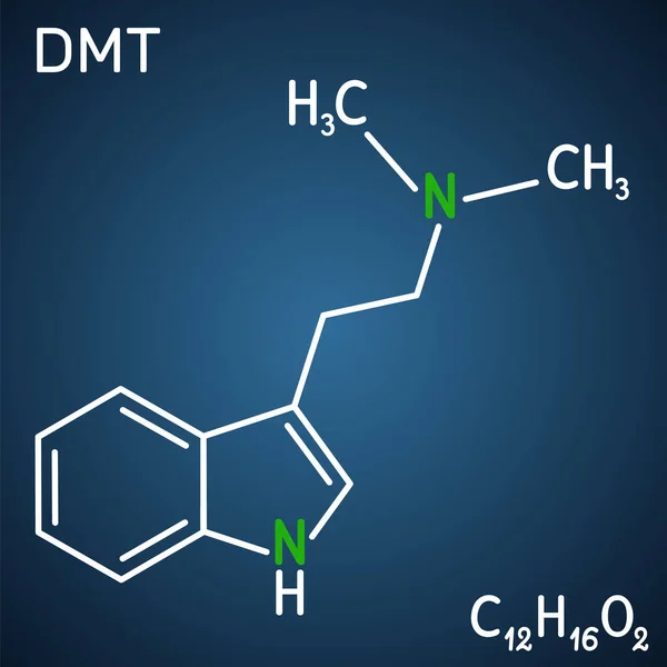 N, N-Dimethyltryptamine, dimethyltryptamine, DMT molekülü. Triptamine alkaloid, indoleamin türevi, serotonerjik halüsinojen. Koyu mavi arkaplanda yapısal kimyasal formül. Vektör illüstrasyonu