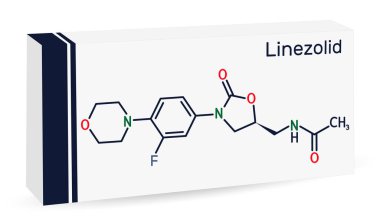 Linezolid molekülü. Staphylococcus aureus, MRSA gibi enfeksiyonların tedavisinde kullanılan sentetik bir antibiyotiktir. Uyuşturucu için kağıt ambalaj. Vektör illüstrasyonu
