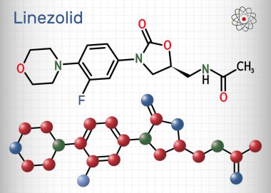 Linezolid molekülü. Staphylococcus aureus, MRSA gibi enfeksiyonların tedavisinde kullanılan sentetik bir antibiyotiktir. Kafesteki bir kağıt parçası. Vektör illüstrasyonu