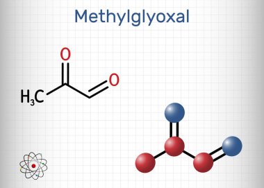 Methylglyoxal, MGO, pyruvaldehyde, pyruvic aldehyde molecule. It is used as flavoring agent, and in tanning. Structural chemical formula, molecule model. Sheet of paper in a cage. Vector illustration