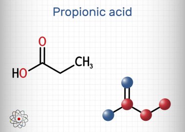 Propanoic acid, propionic acid molecule. It is short-chain saturated fatty acid, antifungal drug, antimicrobial agent E280. Structural chemical formula, molecule model. Sheet of paper in a cage. Vector illustration