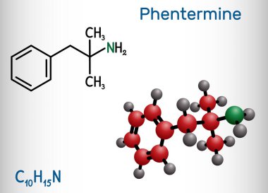 Phentermine, molekül. Bu doğal monoamin alkaloit türevi, iştah kesicili sempatik uyarıcı. Yapısal kimyasal formül ve molekül modeli. Vektör illüstrasyonu