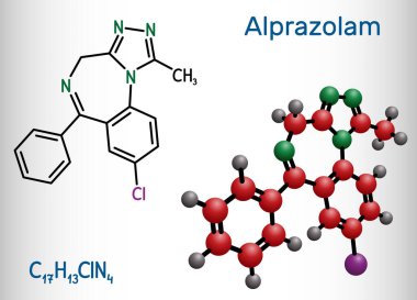 Alprazolam, molekül. Benzodiazepin, anksiyete edici, yatıştırıcı, hipnotik ve antikonvülsan aktiviteli kısa etkili sakinleştirici. Yapısal kimyasal formül, molekül modeli. Vektör illüstrasyonu