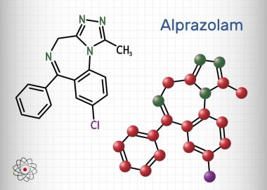 Alprazolam, molekül. Benzodiazepin, anksiyete edici, yatıştırıcı, hipnotik ve antikonvülsan aktiviteli kısa etkili sakinleştirici. Kafesteki bir kağıt parçası. Vektör illüstrasyonu