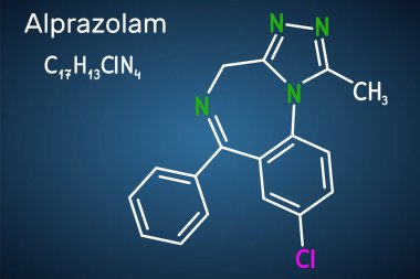 Alprazolam, molekül. Benzodiazepin, anksiyete edici, yatıştırıcı, hipnotik ve antikonvülsan aktiviteli kısa etkili sakinleştirici. Koyu mavi arkaplanda yapısal kimyasal formül