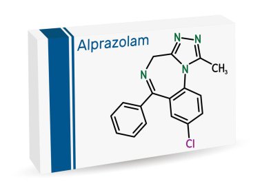 Alprazolam, molekül. Benzodiazepin, anksiyete edici, yatıştırıcı, hipnotik ve antikonvülsan aktiviteli kısa etkili sakinleştirici. İskelet kimyasal formülü. Uyuşturucu için kağıt ambalaj. Vektör illüstrasyonu