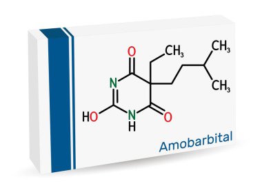 Amobarbital, amilobarbiton, sodyum amital ilaç molekülü. Hipnotize edici ve yatıştırıcı özellikleri olan uyku hapı türevi. İskelet kimyasal formülü. Uyuşturucu için kağıt ambalaj. Vektör illüstrasyonu