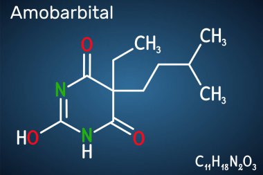 Amobarbital, amilobarbiton, sodyum amital ilaç molekülü. Hipnotize edici ve yatıştırıcı özellikleri olan uyku hapı türevi. Koyu mavi arkaplanda yapısal kimyasal formül. Vektör illüstrasyonu