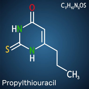 Propilthiourasil, PTU molekülü. Hipertiroidizmin tedavisinde kullanılan antitiroid özelliği olan bir türev. Koyu mavi arkaplanda yapısal kimyasal formül. Vektör illüstrasyonu