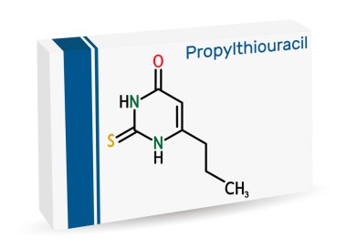 Propilthiourasil, PTU molekülü. Hipertiroidizmin tedavisinde kullanılan antitiroid özelliği olan bir türev. İskelet kimyasal formülü. Uyuşturucu için kağıt ambalaj. Vektör illüstrasyonu
